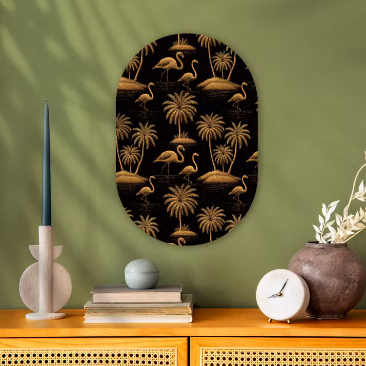 Flamingo - Palmbomen - Tropisch - Goud - Zwart Wandcirkel Ovaal Forex klein 630 -sfeer2