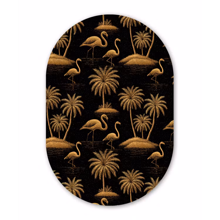 Flamingo - Palmbomen - Tropisch - Goud - Zwart Wandcirkel Ovaal Forex klein 630 -3d