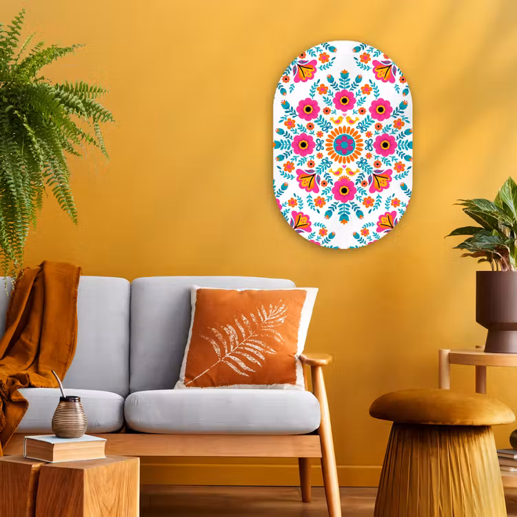 Bloemen - Vogel - Patroon - Kleurrijk - Modern Wandcirkel Ovaal Forex klein -sfeer4
