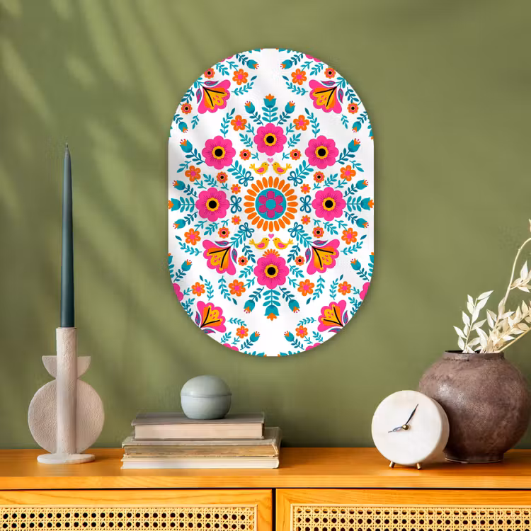 Bloemen - Vogel - Patroon - Kleurrijk - Modern Wandcirkel Ovaal Forex klein -sfeer2