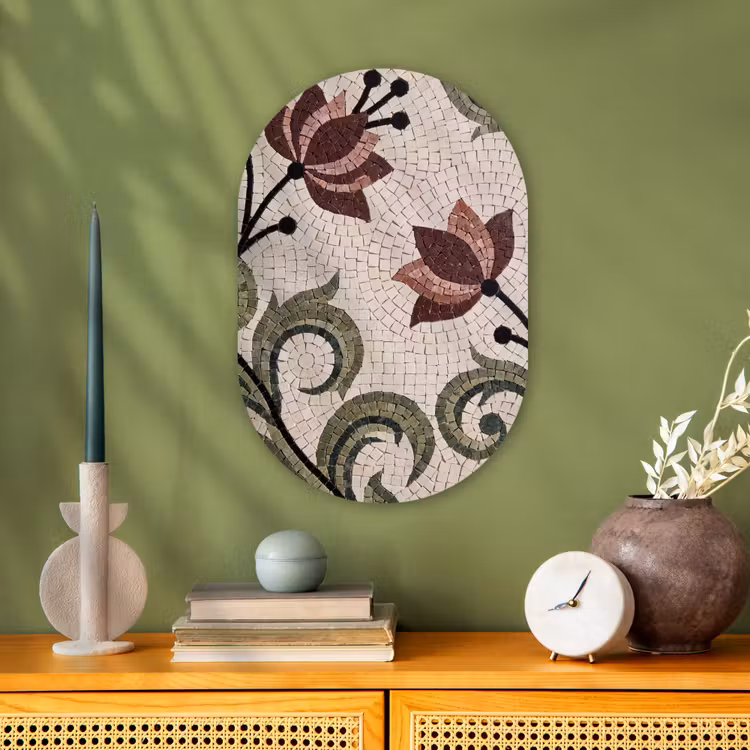 Bloemen - Mozaïek - Patroon - Abstract - Groen Wandcirkel Ovaal Forex klein -sfeer2