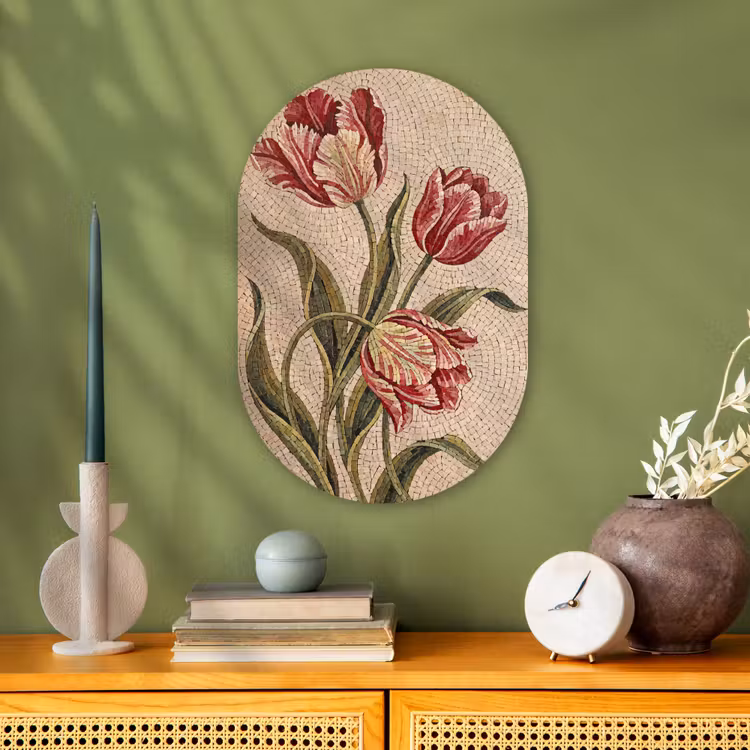 Bloemen - Mozaïek - Rood - Groen - Kunst Wandcirkel Ovaal Forex klein -sfeer2