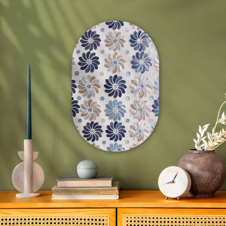 Bloemen - Parelmoer - Abstract - Patroon - Blauw Wandcirkel Ovaal Forex klein -sfeer2