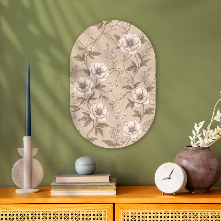 Bloemen - Patroon - Beige Wandcirkel Ovaal Forex klein -sfeer2