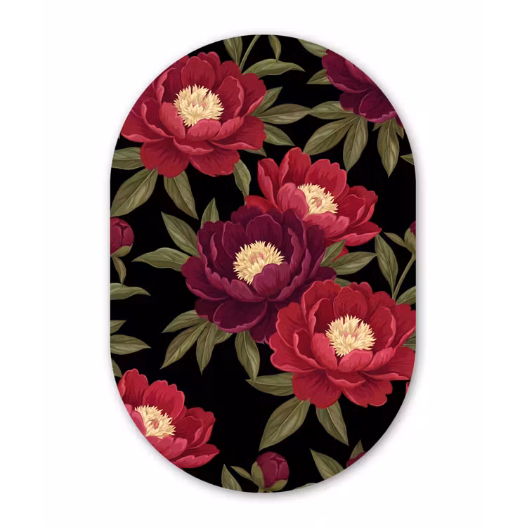 Bloemen - Patroon - Botanisch - Rood - Zwart Wandcirkel Ovaal Forex klein -3d