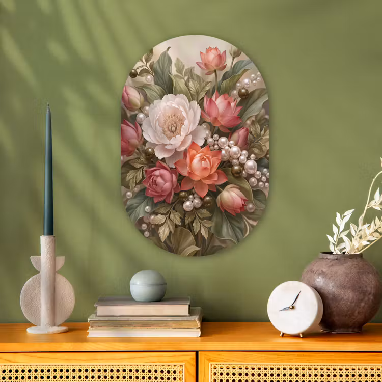 Bloemen - Parels - Elegant - Roze - Wit Wandcirkel Ovaal Forex klein -sfeer2
