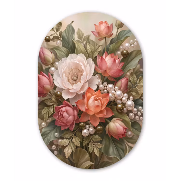 Bloemen - Parels - Elegant - Roze - Wit Wandcirkel Ovaal Forex klein -3d