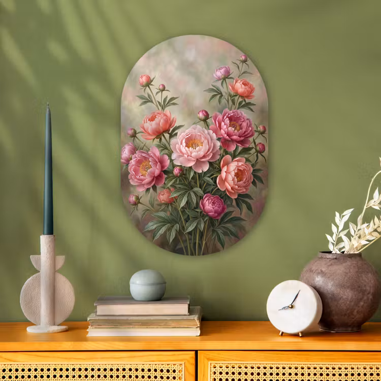 Bloemen - Roze - Klassiek - Gedetailleerd - Natuur Wandcirkel Ovaal Forex klein -sfeer2
