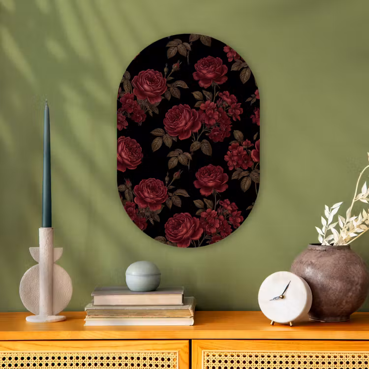 Bloemen - Roos - Patroon - Klassiek - Rood Wandcirkel Ovaal Forex klein -sfeer2
