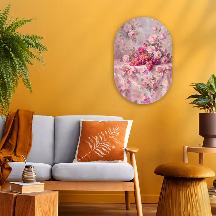 Eten - Bloemen - Stilleven - Roze - Goud Wandcirkel Ovaal Forex klein -sfeer4