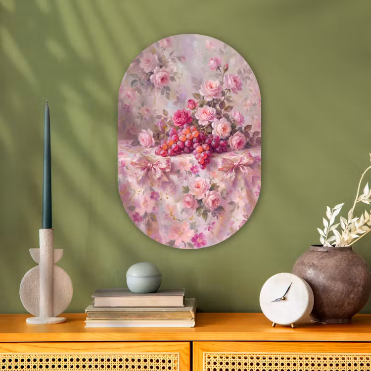 Eten - Bloemen - Stilleven - Roze - Goud Wandcirkel Ovaal Forex klein -sfeer2