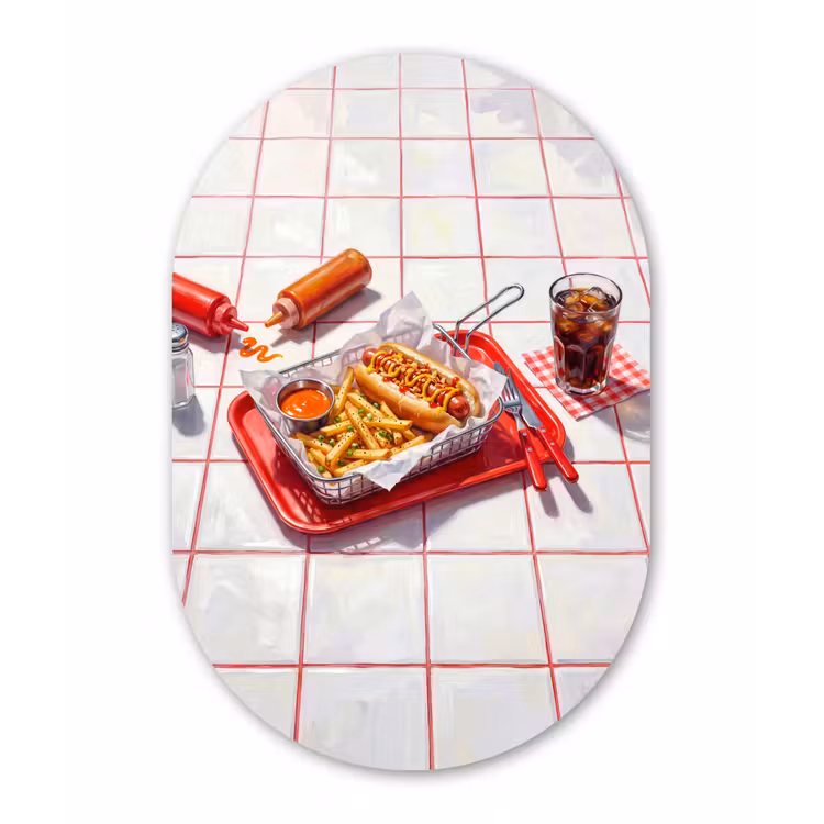 Eten - Hotdog - Fastfood - Modern - Rood Wandcirkel Ovaal Forex klein -3d