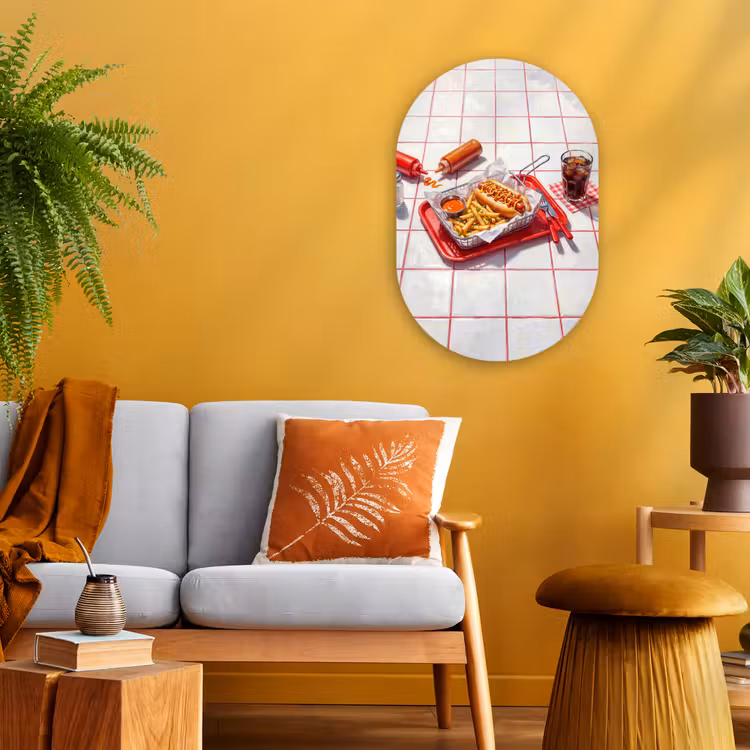 Eten - Hotdog - Fastfood - Modern - Rood Wandcirkel Ovaal Forex klein -sfeer4