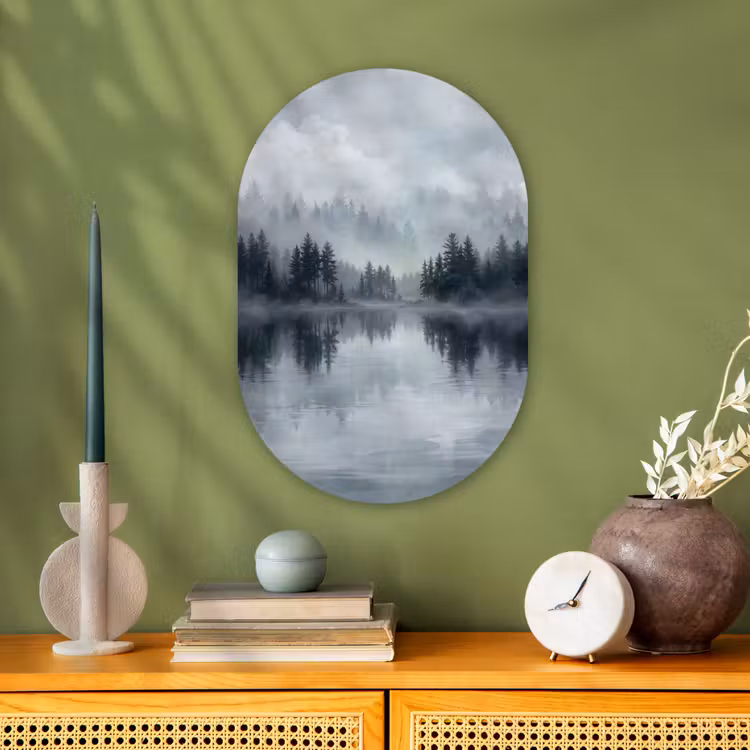 Bos - Meer - Mist - Natuur - Grijs Wandcirkel Ovaal Forex klein -sfeer2