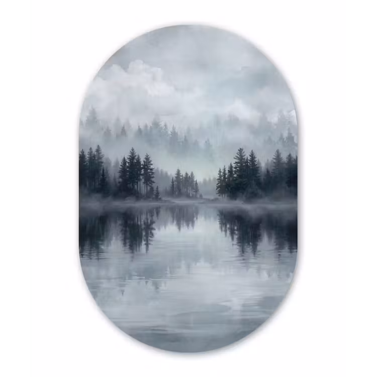 Bos - Meer - Mist - Natuur - Grijs Wandcirkel Ovaal Forex klein -3d