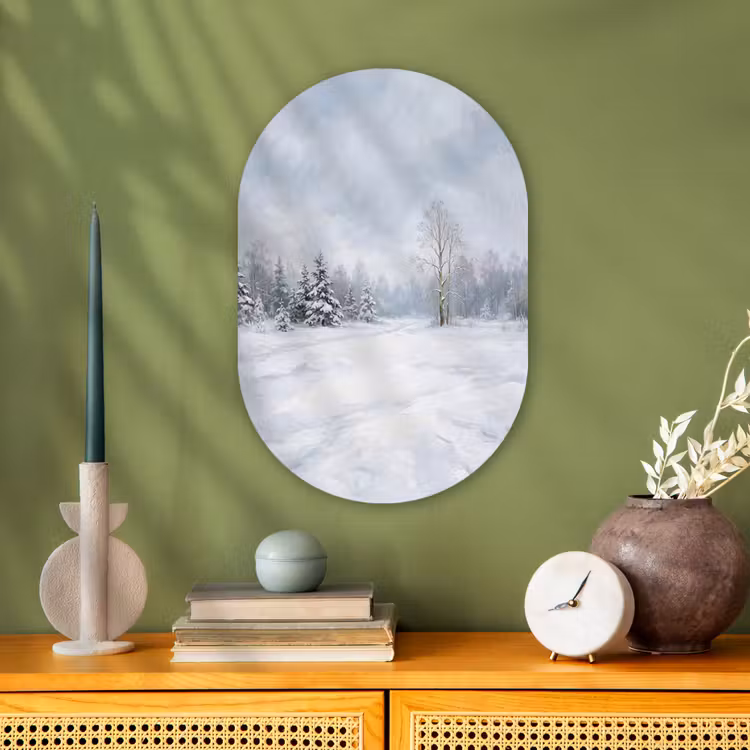 Bospad - Dennen - Sneeuw - Winter - Rustgevend Wandcirkel Ovaal Forex klein -sfeer2