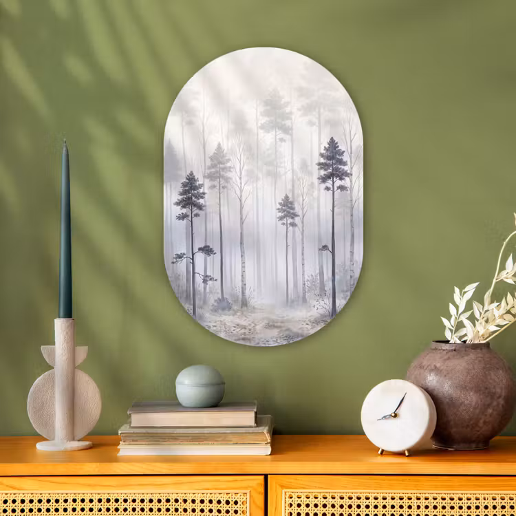 Bos - Bomen - Mist - Natuur - Illustratie - Grijs Wandcirkel Ovaal Forex klein -sfeer2