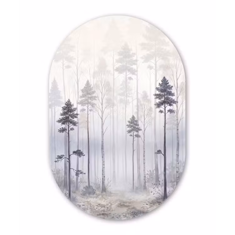 Bos - Bomen - Mist - Natuur - Illustratie - Grijs Wandcirkel Ovaal Forex klein -3d