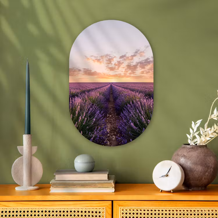Landschap - Lavendelveld - Paars Wandcirkel Ovaal Forex klein -sfeer2
