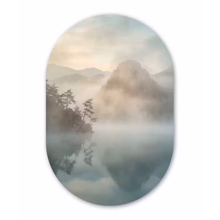 Landschap - Bergen - Mist - Water - Natuur Wandcirkel Ovaal Forex klein -3d