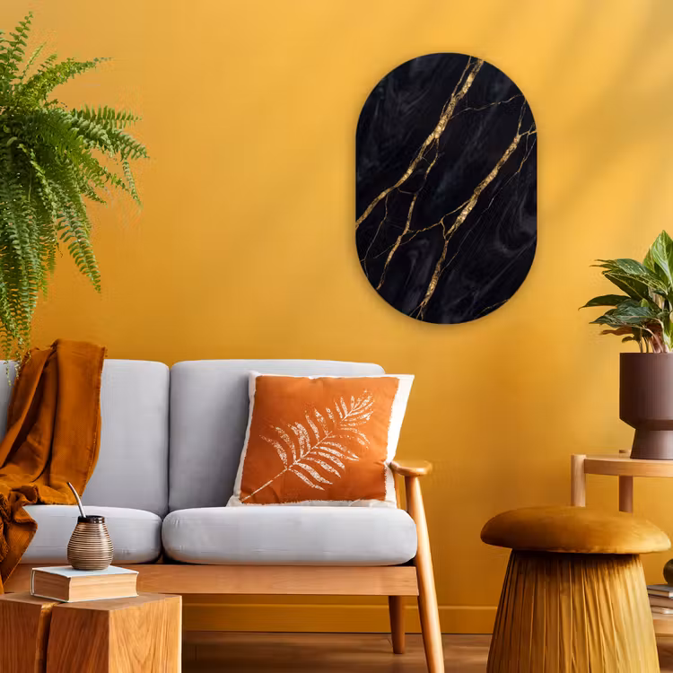 Marmer - Gouden aders - Abstract - Zwart Wandcirkel Ovaal Forex klein -sfeer4