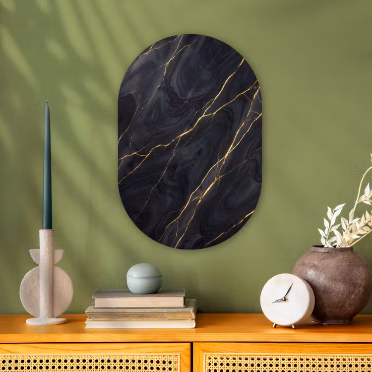 Marmer - Goudaders - Abstract - Modern - Zwart Wandcirkel Ovaal Forex klein -sfeer2