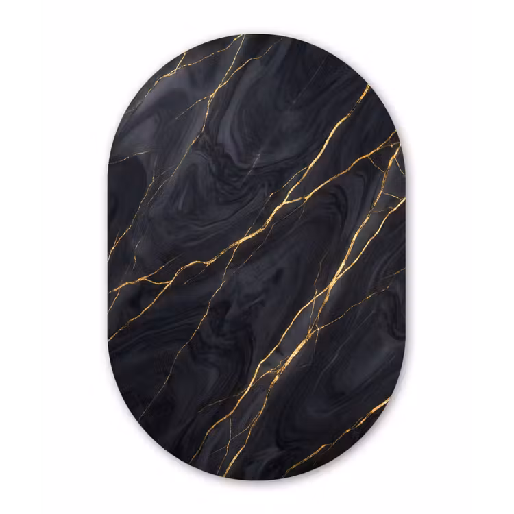Marmer - Goudaders - Abstract - Modern - Zwart Wandcirkel Ovaal Forex klein -3d