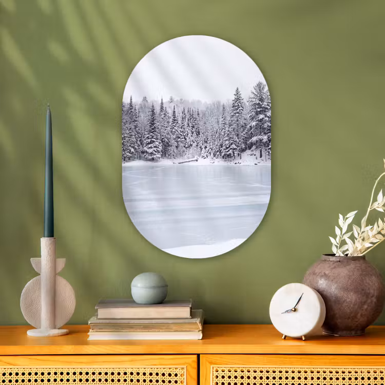 Meer - Dennen - IJs - Winter - Rustgevend Wandcirkel Ovaal Forex klein -sfeer2