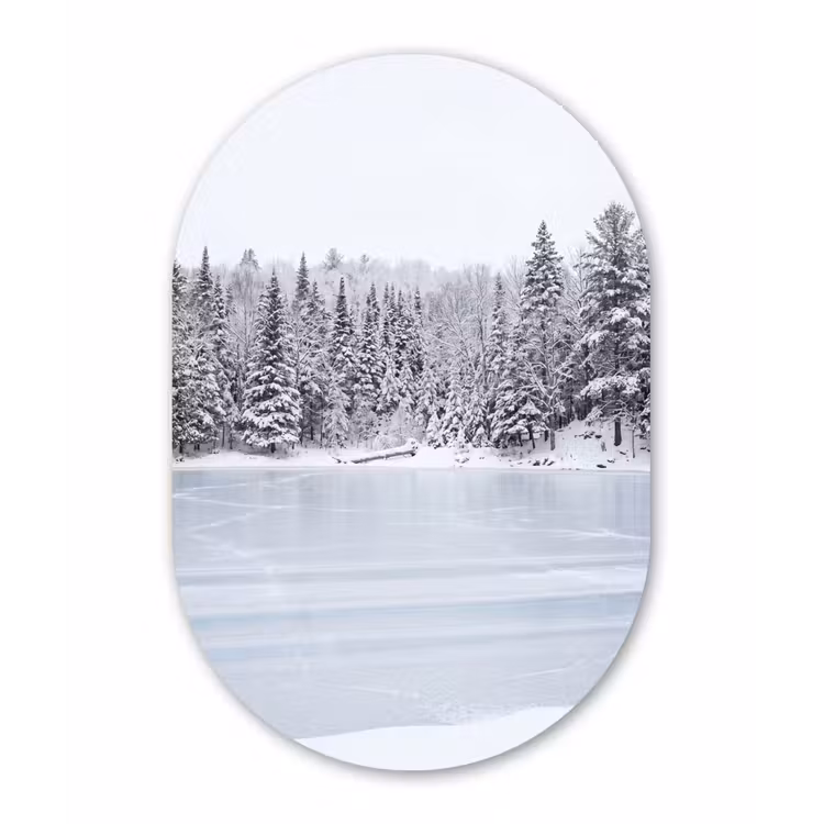 Meer - Dennen - IJs - Winter - Rustgevend Wandcirkel Ovaal Forex klein -3d