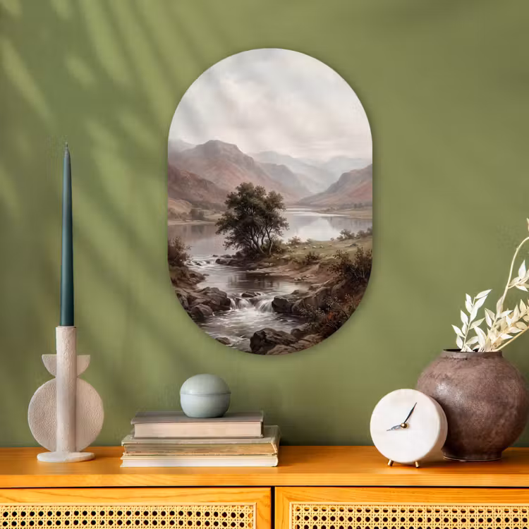 Berglandschap - Meer - Bergen - Vallei - Klassiek Wandcirkel Ovaal Forex klein -sfeer2