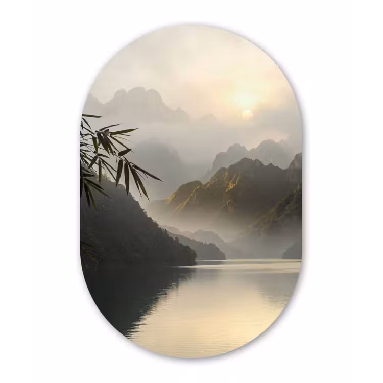 Bergen - Water - Mist - Natuur - Landschap Wandcirkel Ovaal Forex klein -3d