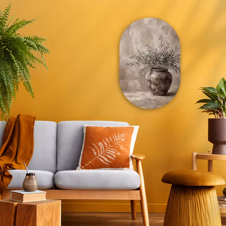 Olijfplant - Aardenpot - Abstract - Beige Wandcirkel Ovaal Forex klein -sfeer4