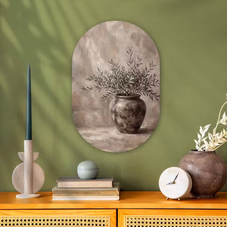 Olijfplant - Aardenpot - Abstract - Beige Wandcirkel Ovaal Forex klein -sfeer2