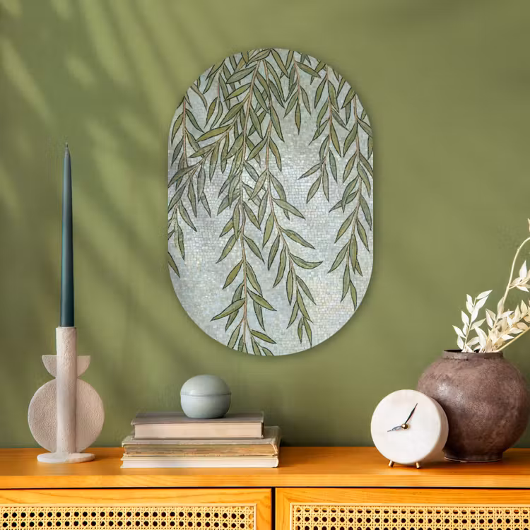 Planten - Mozaïek - Patroon - Groen - Blauw Wandcirkel Ovaal Forex klein -sfeer2
