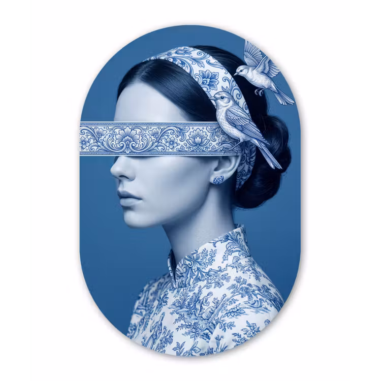 Portret - Klassiek - Wit - Blauw Wandcirkel Ovaal Forex klein -3d