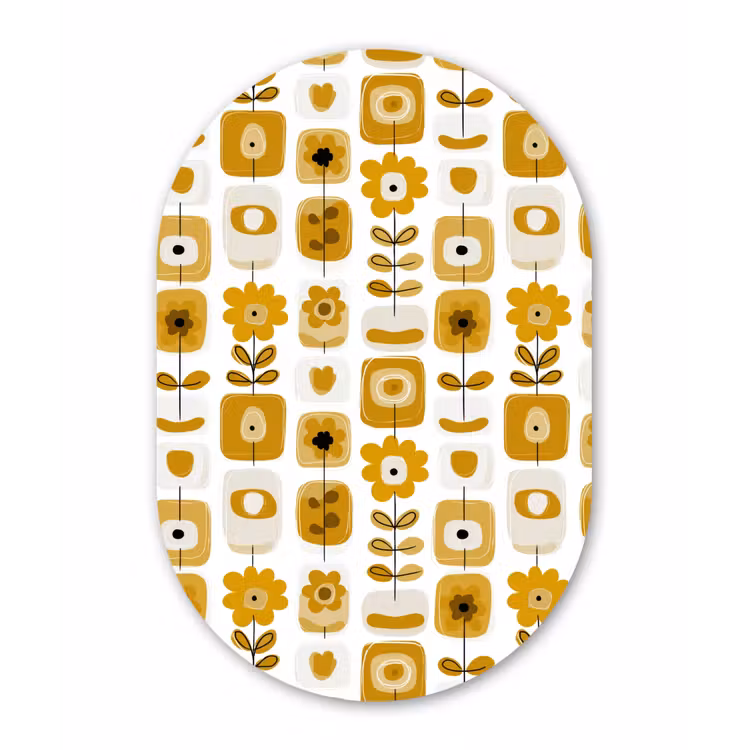 Retro - Abstract - Bloemen - Okergeel Wandcirkel Ovaal Forex klein 630 -3d