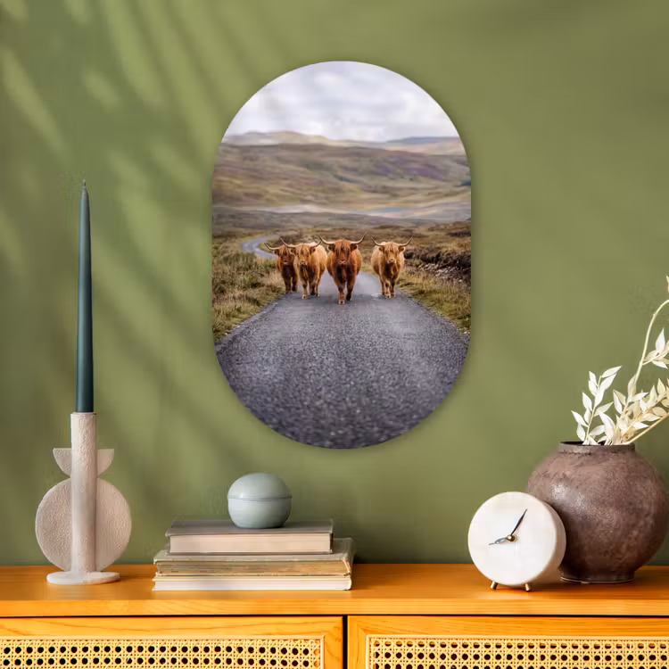 Schotse Hooglanders - Weg - Landschap - Kudde Wandcirkel Ovaal Forex klein -sfeer2