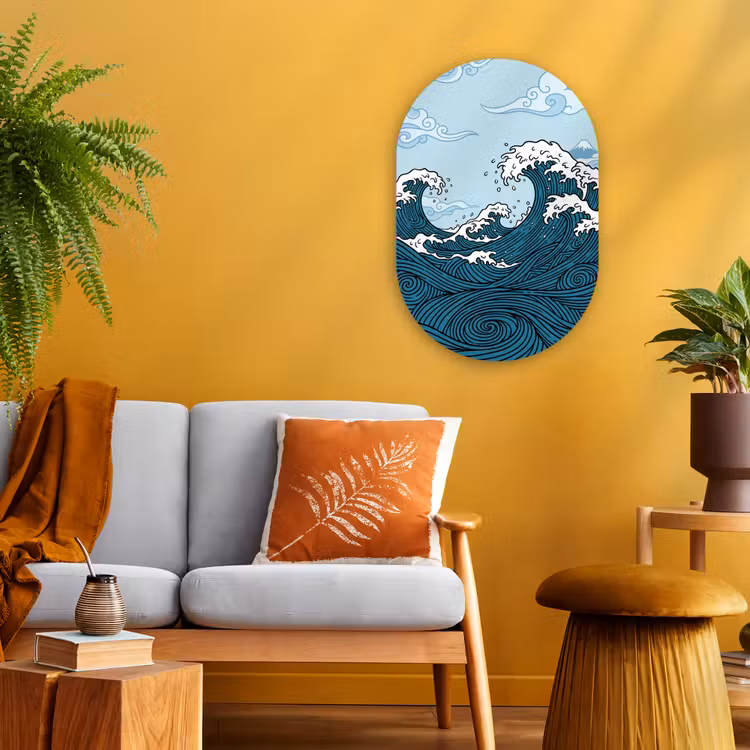Zee - Golven - Japans - Natuur - Blauw Wandcirkel Ovaal Forex klein -sfeer4