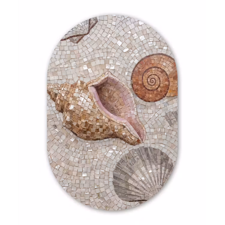 Schelp - Mozaïek - Zee - Beige - Modern Wandcirkel Ovaal Forex klein -3d