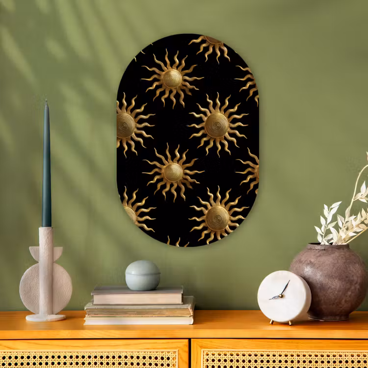 Zon - Patroon - Luxe - Goud - Zwart Wandcirkel Ovaal Forex klein 630 -sfeer2