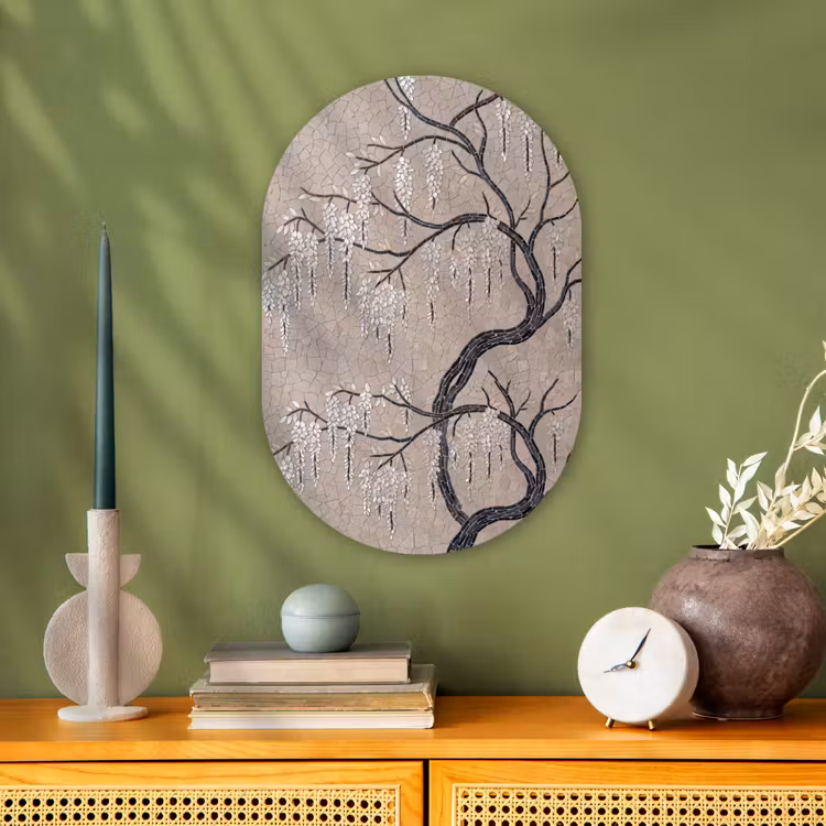 Boom - Bloemen - Mozaïek - Kunst - Wit Wandcirkel Ovaal Forex klein -sfeer2