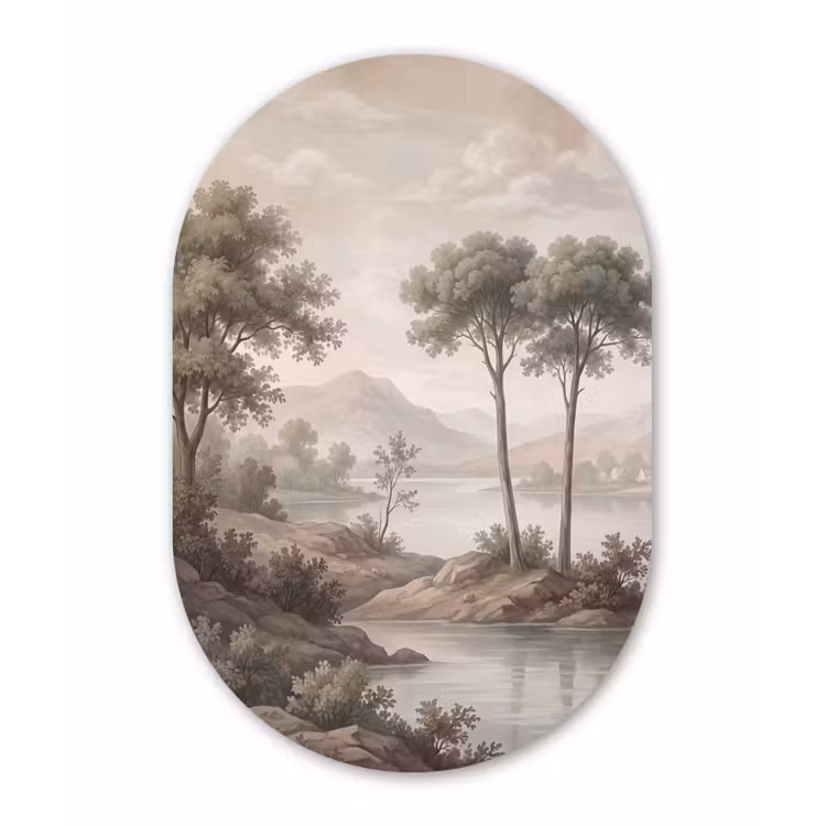 Bomen - Meer - Bergen - Illustratie Wandcirkel Ovaal Forex klein -3d
