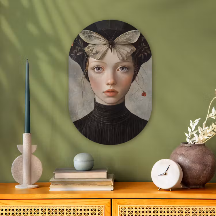 Woman - Butterfly - Art - Classic - Muted Wandcirkel Ovaal Forex klein -sfeer2