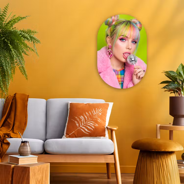 Vrouw - Kleurrijk haar - Pop art - Modern - Levendig Wandcirkel Ovaal Forex klein -sfeer4