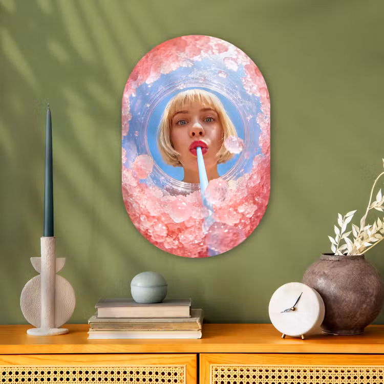 Vrouw - Drank - Zomer - Roze - Blauw Wandcirkel Ovaal Forex klein -sfeer2
