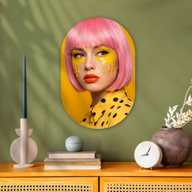 Vrouw - Portret - Abstract - Kleurrijk - Geel Wandcirkel Ovaal Forex klein -sfeer2