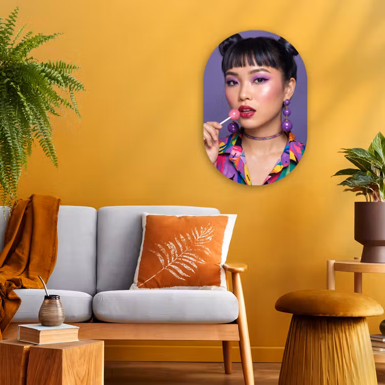 Vrouw - Portret - Make-up - Paars - Levendig Wandcirkel Ovaal Forex klein -sfeer4
