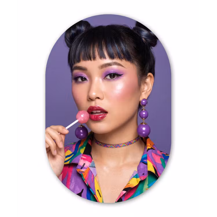 Vrouw - Portret - Make-up - Paars - Levendig Wandcirkel Ovaal Forex klein -3d