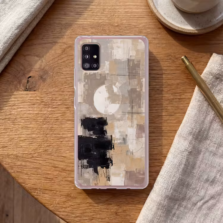 Abstract - Cirkel - Modern - Beige - Zwart - Minimalistisch Telefoonhoesje Samsung Galaxy A51 5G klein -sfeer1