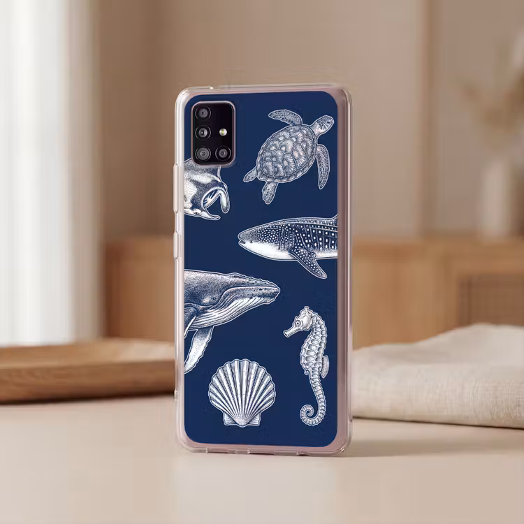 Dieren - Zeeleven - Oceaan - Graveren - Blauw Telefoonhoesje Samsung Galaxy A51 5G klein -sfeer2